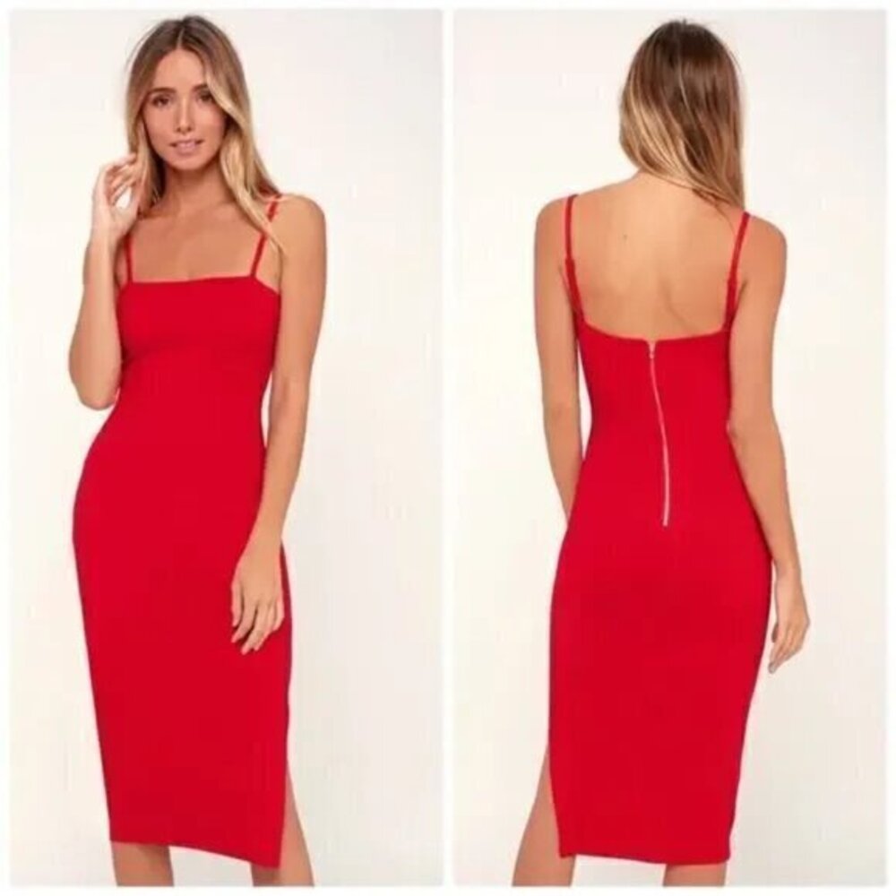 "NWT" Lulu’s Women's Paulina Sleeveless Square Neckline Red Bodycon Midi Dress-S